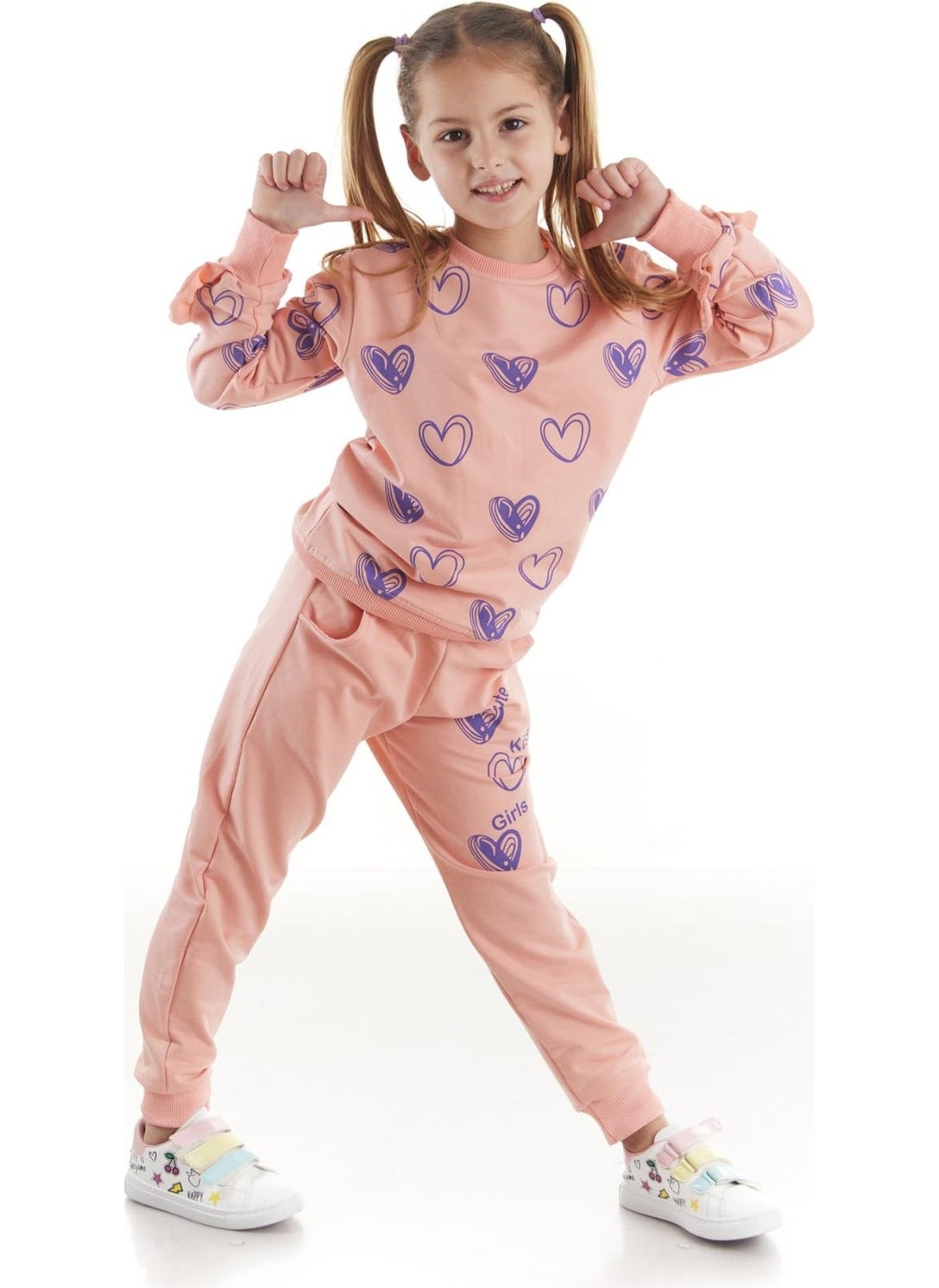 Ahengim - Kids Girls Tracksuit Heart Printed Bottom Top Two Piece Set Cotton Seasonal AK2503 - Image 1