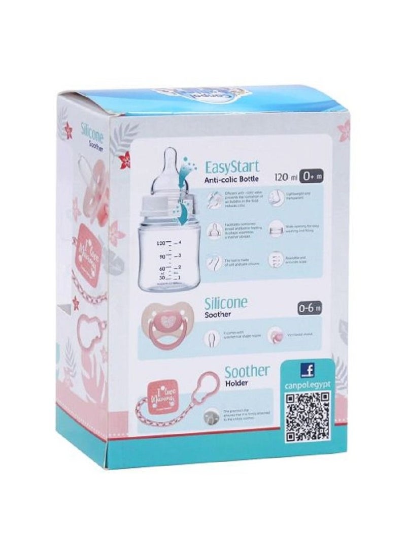 Canpol babies Newborn Gift Set + Anti-colic Bottle 0+m - 120 Ml + Silicone Soother 0-6m+ Soother Holder- Pink - Image 2