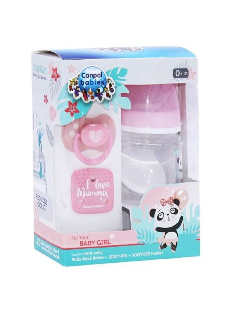 Canpol babies Newborn Gift Set + Anti-colic Bottle 0+m - 120 Ml + Silicone Soother 0-6m+ Soother Holder- Pink - Image 1