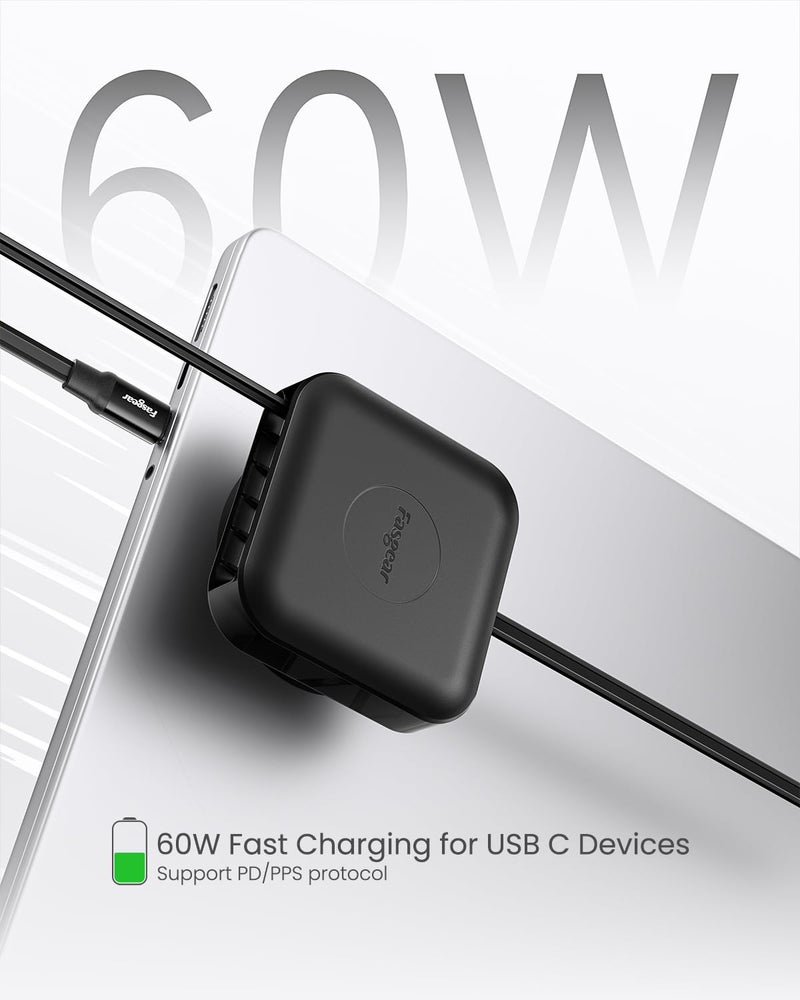 فاسجير كابل USB C قابل للسحب من ، سرعة شحن سريعة 60 واط PD/PPS، كابل شحن من USB C إلى USB C 2.0 لأجهزة i-Phone 17، 16 Pro، i-Pad Pro، Mac-Book، Samsung، كابل من نوع Type C قابل للدوران 360 درجة (طول 2 متر، أسود) - Image 5