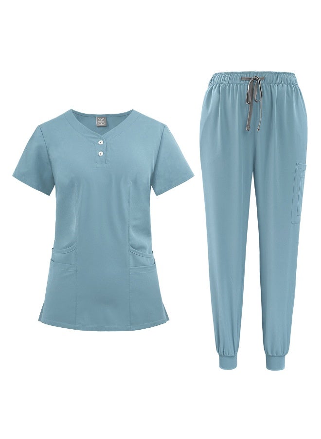 NIBEMINENT Women'S Nurse Uniform Quick-Drying Fabric Solid Color V-Neck Button Pocket Short-Sleeved Trousers Suit Nursing Work Clothes - Image 1