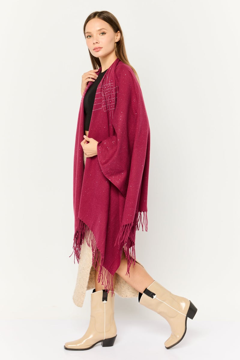 ADRIENNE VITTADINI Women Textured Riana Poncho 135 L x 78 H cm, Maroon  - Image 3