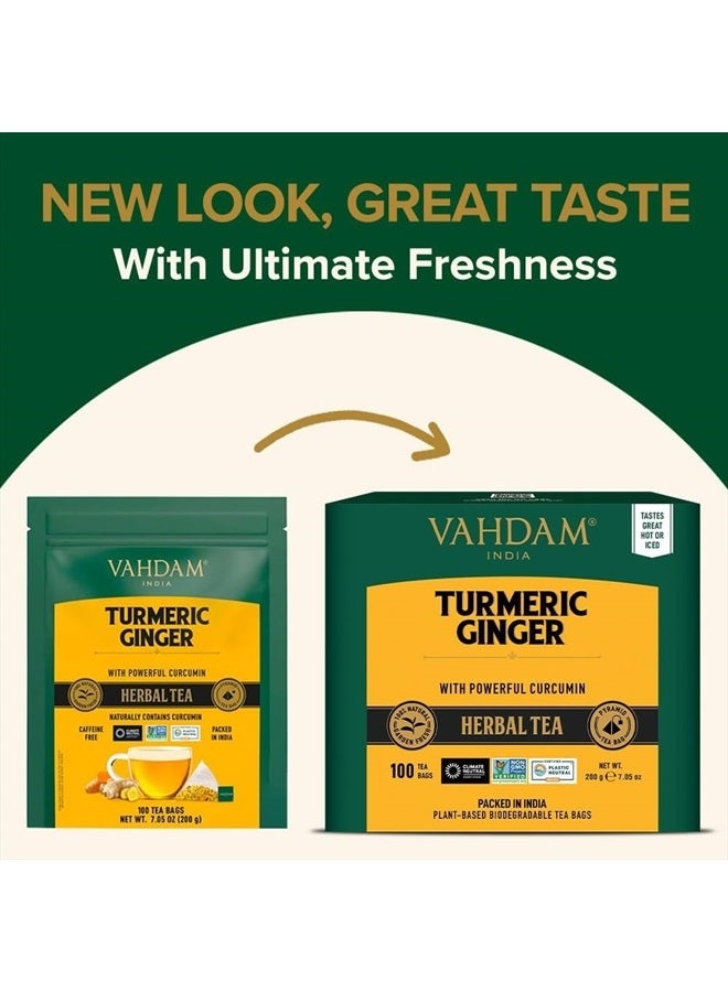 Vahdam أكياس شاي الأعشاب بالكركم والزنجبيل (100 كيس شاي هرمية) خالية من الكافيين، غير معدلة وراثيًا، خالية من الغلوتين | مزيج أعشاب نقي 100% - لذيذ وحار | أكياس شاي أوراق كاملة مفككة - Image 2