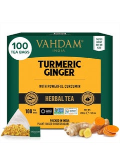 VAHDAM , Turmeric Ginger Herbal Tea Bags (100 Pyramid Tea Bags) Caffeine Free, Non GMO, Gluten Free | 100% Pure Herbal Blend - Savory & Spicy | Whole Loose Leaf Tea Bags  - Image 1