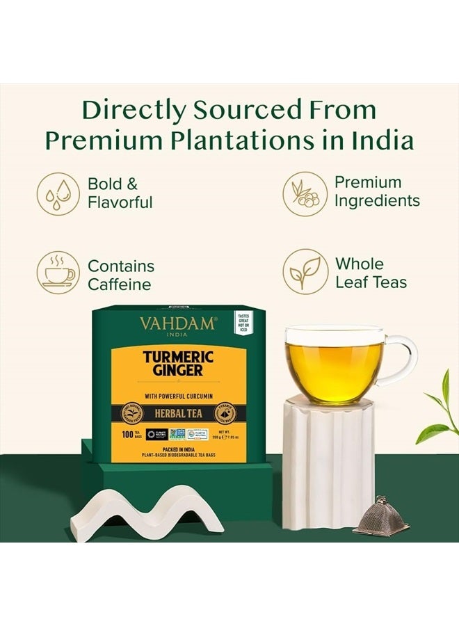 Vahdam أكياس شاي الأعشاب بالكركم والزنجبيل (100 كيس شاي هرمية) خالية من الكافيين، غير معدلة وراثيًا، خالية من الغلوتين | مزيج أعشاب نقي 100% - لذيذ وحار | أكياس شاي أوراق كاملة مفككة - Image 4