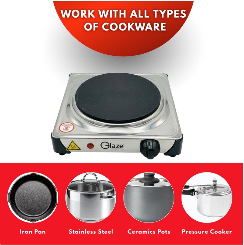 جليز موقد كهربائي بعين واحدة بقدرة 1000 واط – صفيحة طبخ كهربائية محمولة مع تحكم قابل للتعديل في درجة الحرارة، تصميم مدمج للطاولة لتحضير القهوة، الشاي، التخييم والمطابخ الصغيرة – موديل GL881HP. - Image 5