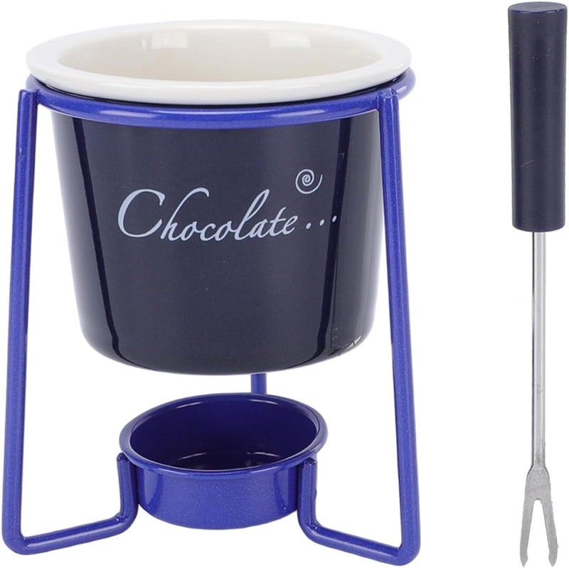 Blue Ceramic Fondue Mug Set with Tea Light Stand Chocolate Cheese Melting Pot Forks For Home Party Date Night - Image 1