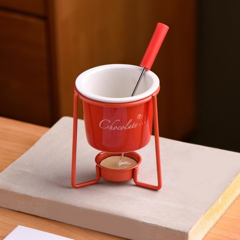 Blue Ceramic Fondue Mug Set with Tea Light Stand Chocolate Cheese Melting Pot Forks For Home Party Date Night - Image 3