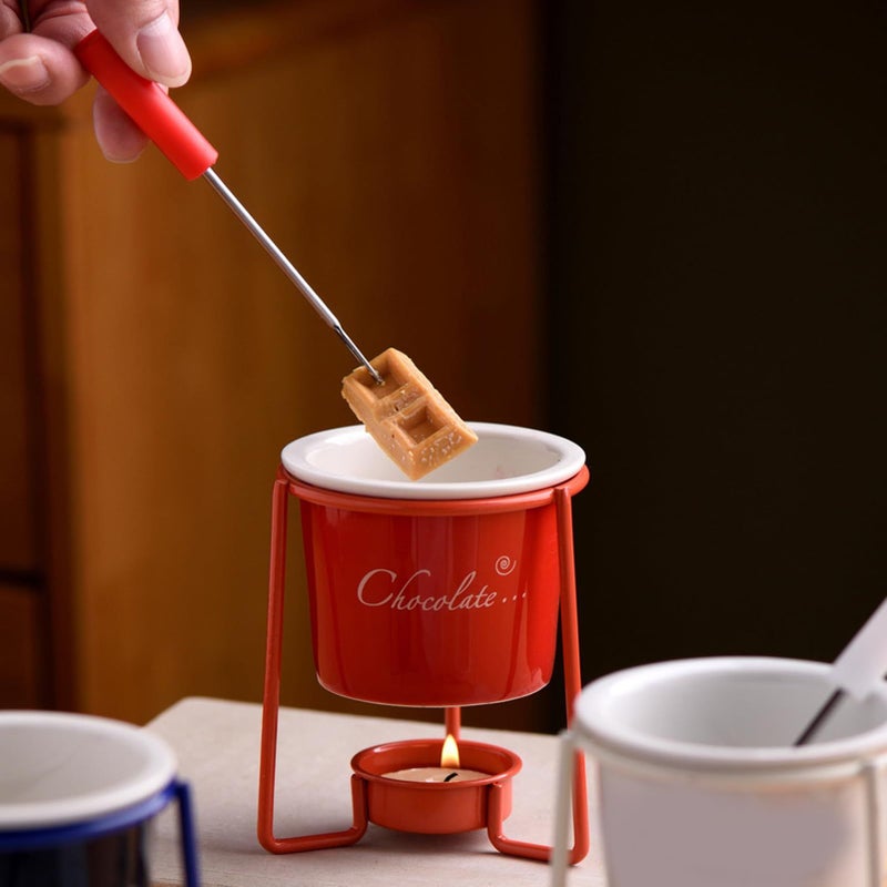 Blue Ceramic Fondue Mug Set with Tea Light Stand Chocolate Cheese Melting Pot Forks For Home Party Date Night - Image 4