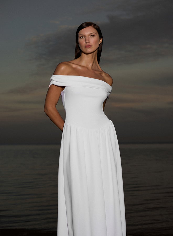 trendyol White A-Line Carmen Collar Knitted Chic Short Evening Night Graduation Dress - Image 3