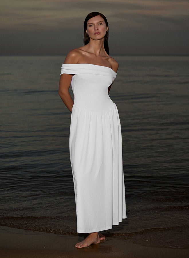 trendyol White A-Line Carmen Collar Knitted Chic Short Evening Night Graduation Dress - Image 1