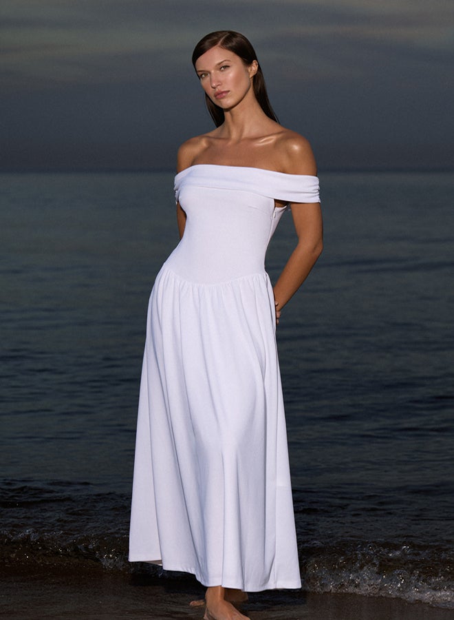 trendyol White A-Line Carmen Collar Knitted Chic Short Evening Night Graduation Dress - Image 2