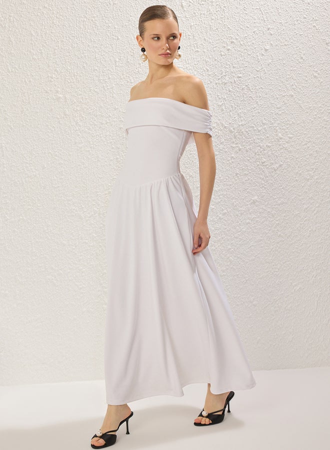 trendyol White A-Line Carmen Collar Knitted Chic Short Evening Night Graduation Dress - Image 4