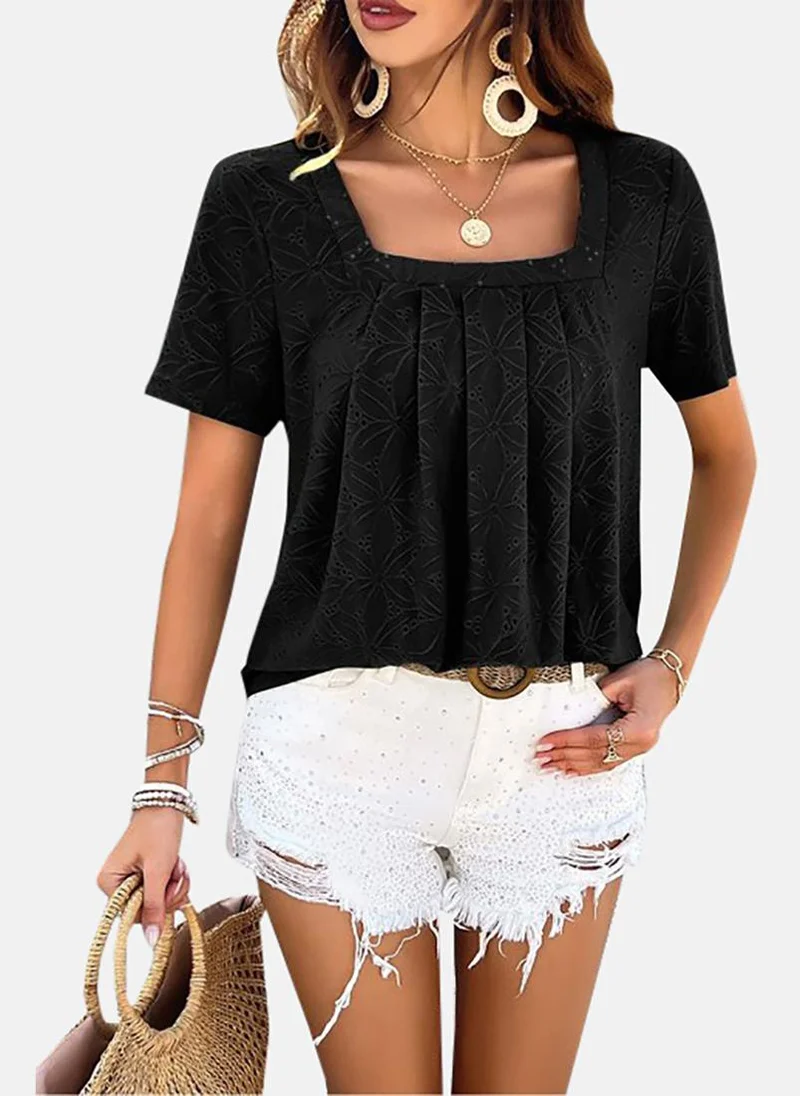 يونيكي Black Casual Polyester Square Neck Short Sleeves Solid Tops
