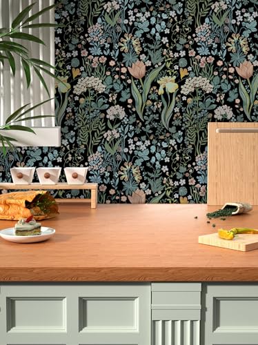 Toduso Peel and Stick Wallpaper Vintage Wall Paper Black Floral Contact Paper Removable Wallpaper 17.3"x78.7" Leaf Flower Self Adhesive for Bedroom Drawer Decor Vinyl Rolls - Image 2
