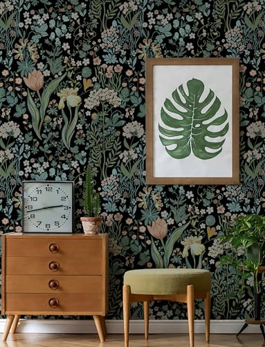 Toduso Peel and Stick Wallpaper Vintage Wall Paper Black Floral Contact Paper Removable Wallpaper 17.3"x78.7" Leaf Flower Self Adhesive for Bedroom Drawer Decor Vinyl Rolls - Image 3