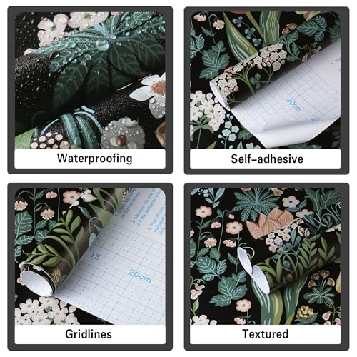 Toduso Peel and Stick Wallpaper Vintage Wall Paper Black Floral Contact Paper Removable Wallpaper 17.3"x78.7" Leaf Flower Self Adhesive for Bedroom Drawer Decor Vinyl Rolls - Image 5