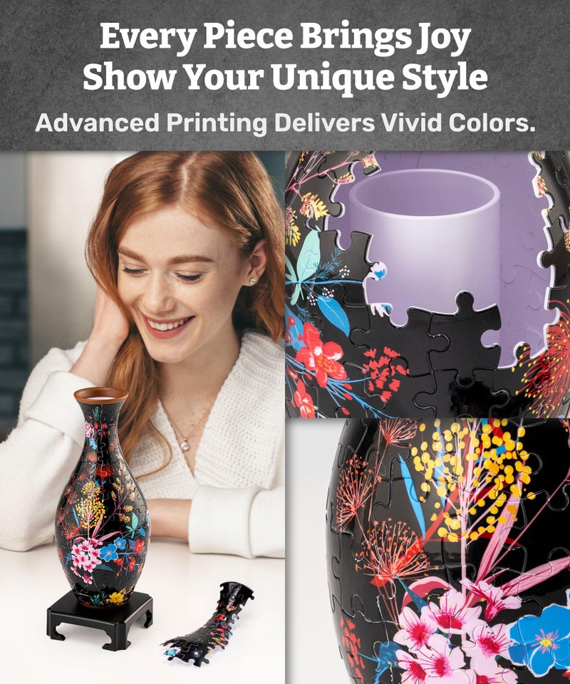 Pintoo 3D Puzzle Vase Unique Flower Vase Made by 160 Curved Plastic Puzzle Pieces House Warming Gift for Flower Arrangements and Home Decoration - [S1031] (Classic, Elegant Floral Print) - Image 3