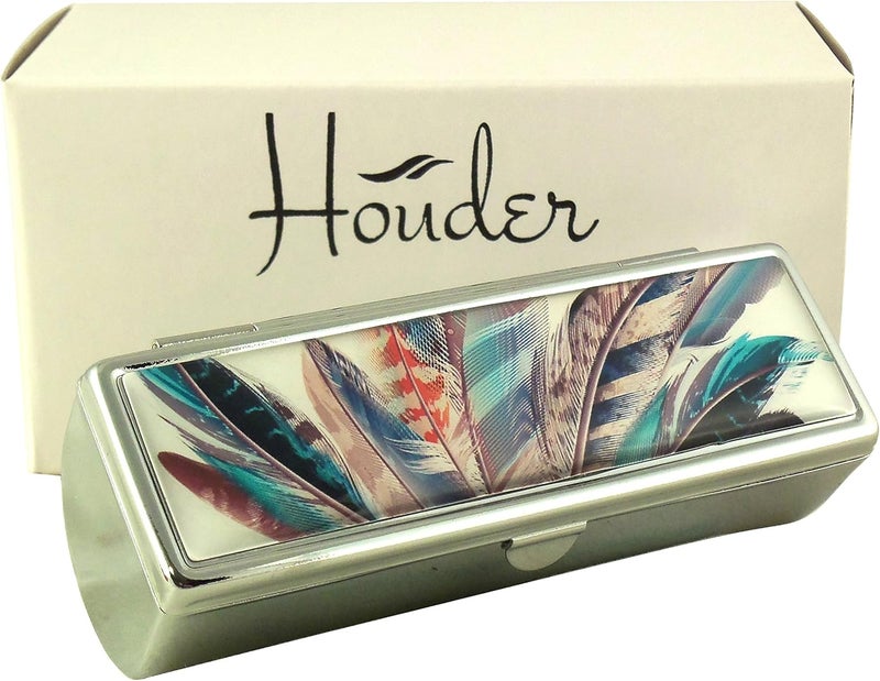 Houder Designer Lipstick Case with Mirror for Purse - Decorative Lipstick Holder with Gift Box - Velvet Lined - Protect Your Lipsticks in Style (Feathers)