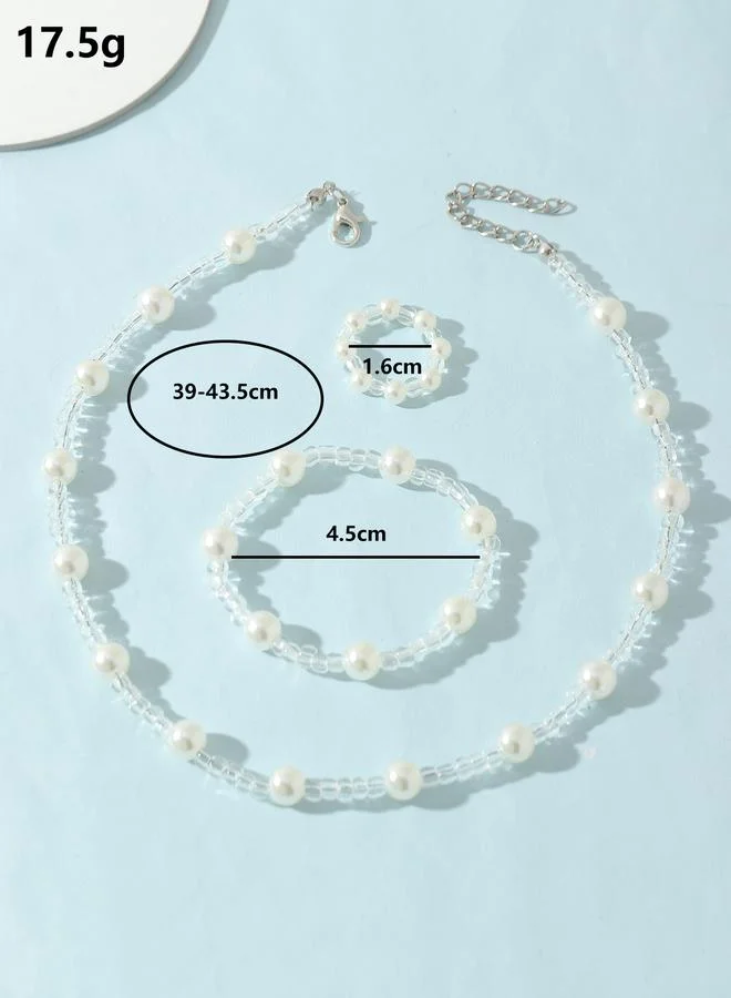 Take Two  Girls White Pearl and Clear Beads Necklace, Bracelet and Ring Set for Women | Best Price UAE