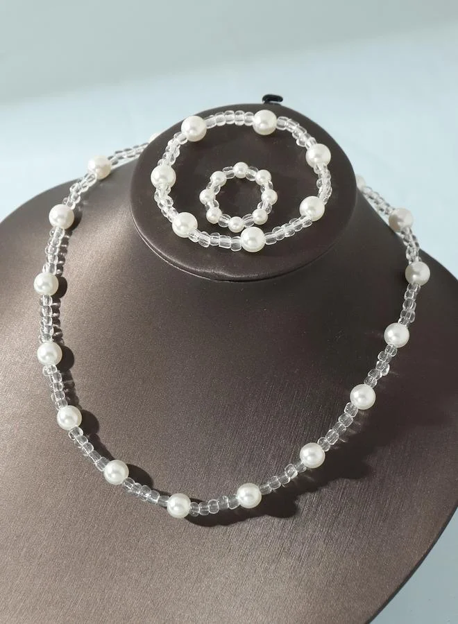 Take Two  Girls White Pearl and Clear Beads Necklace, Bracelet and Ring Set for Women | Best Price UAE