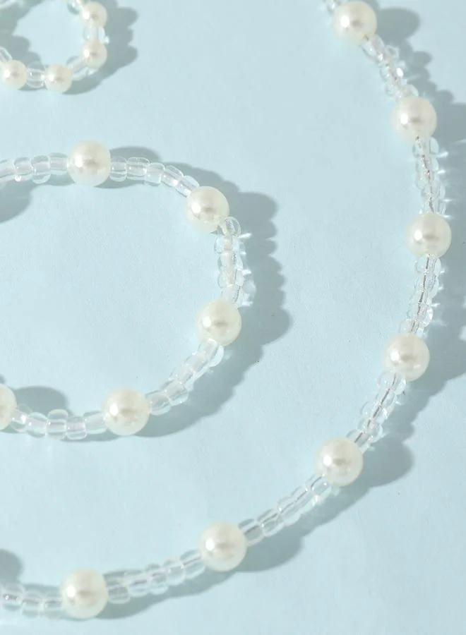 Girls White Pearl and Clear Beads Necklace, Bracelet and Ring Set