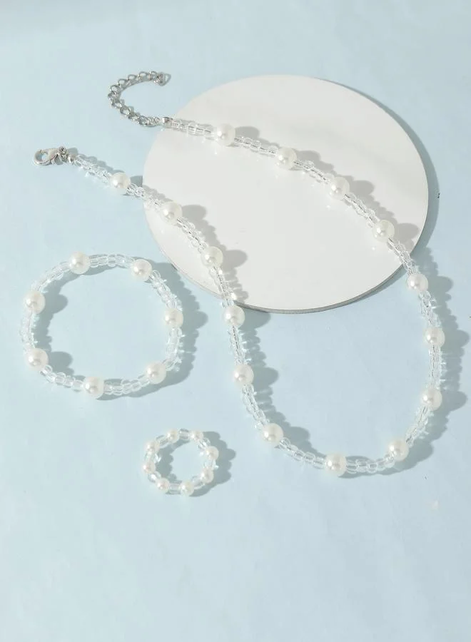 Take Two  Girls White Pearl and Clear Beads Necklace, Bracelet and Ring Set for Women | Best Price UAE