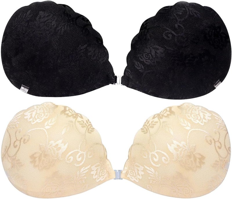 ChicAbode 2 Pairs Push Up Sticky Lace Bra for Women, Reusable Bra Backless Strapless Bra Adhesive Bra, Comfortable Invisible Bra for All Backless Clothes Evening Dress, C Cup - Image 1
