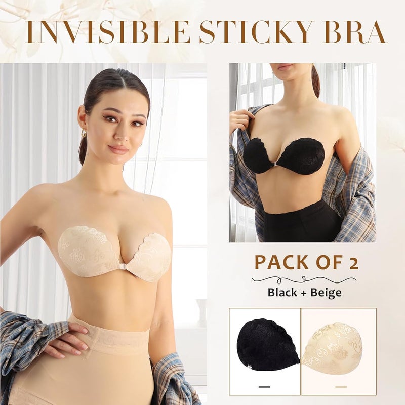 ChicAbode 2 Pairs Push Up Sticky Lace Bra for Women, Reusable Bra Backless Strapless Bra Adhesive Bra, Comfortable Invisible Bra for All Backless Clothes Evening Dress, C Cup - Image 2