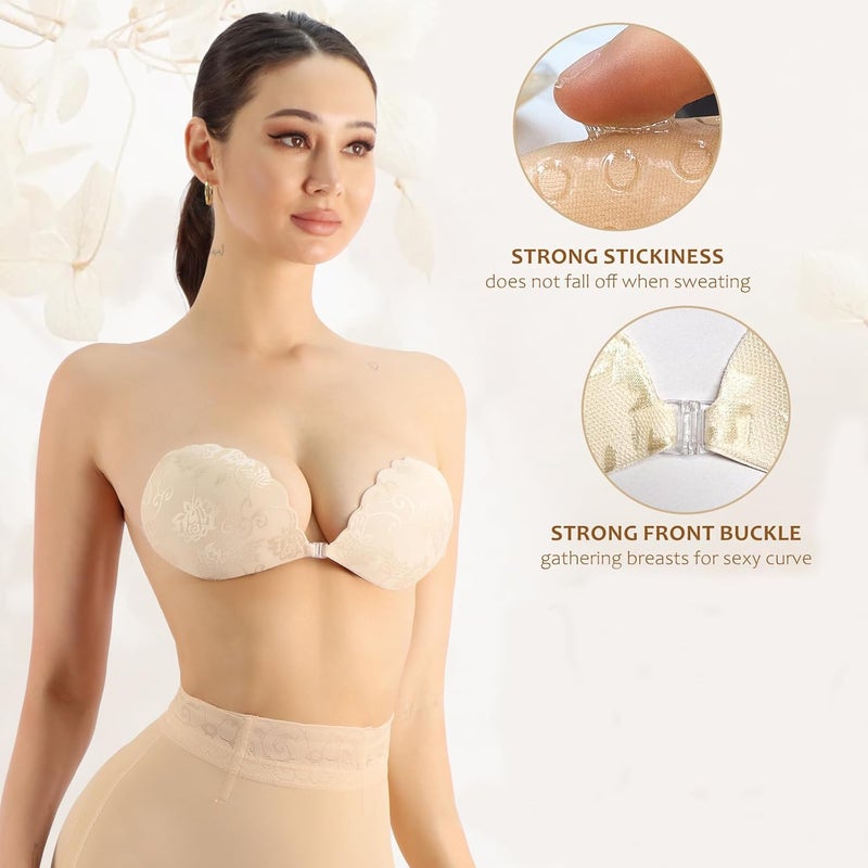 ChicAbode 2 Pairs Push Up Sticky Lace Bra for Women, Reusable Bra Backless Strapless Bra Adhesive Bra, Comfortable Invisible Bra for All Backless Clothes Evening Dress, C Cup - Image 3