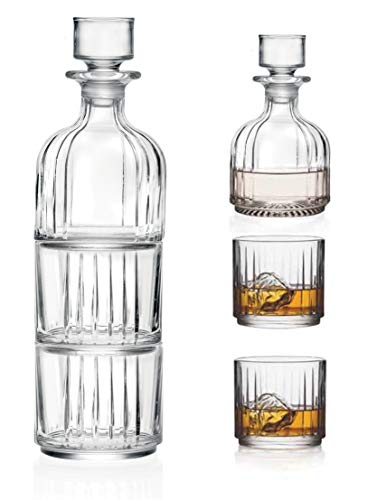 طقم كؤوس زجاجية 3 قطع كريستال زجاجي لزجاجة الويسكي مع 2 كوب قابل للتكديس من نوع دوبل أولد فاشند سعة الزجاجة 12 أونصة كل كوب سعة 12 أونصة من بارسكي صنع في أوروبا