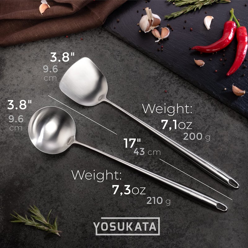 YOSUKATA 17â€™â€™ Wok Spatula and Ladle - Set of 2 Heat-Resistant Wok Tools - Universal Wok Ladle and Spatula - High-Grade 304 Stainless Steel Cooking Utensils and Wok Accessories - Solid Wok Utensils - Image 5