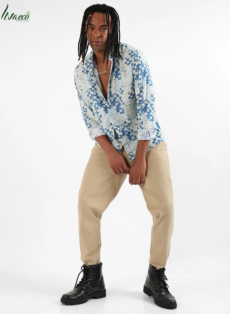 Campus Sutra Campus Sutra Men's Blue Geometric Lined Shirt For Casual Wear | Made With Eco-Liva Fabric | Spread Collar | Long Sleeve | Button Closure | Rayon Shirt Crafted With Comfort Fit For Everyday Wear