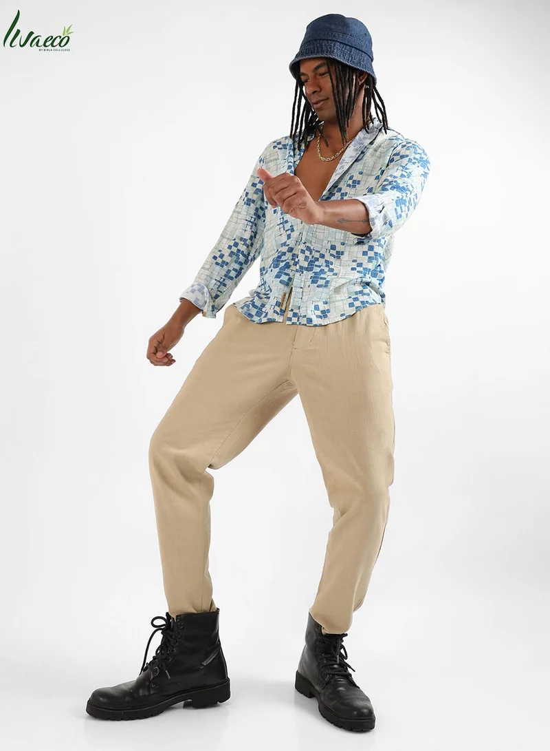 Campus Sutra Campus Sutra Men's Blue Geometric Lined Shirt For Casual Wear | Made With Eco-Liva Fabric | Spread Collar | Long Sleeve | Button Closure | Rayon Shirt Crafted With Comfort Fit For Everyday Wear
