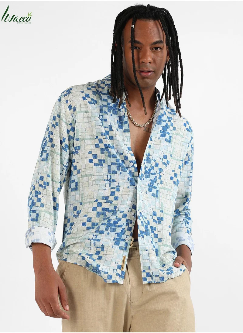 Campus Sutra Campus Sutra Men's Blue Geometric Lined Shirt For Casual Wear | Made With Eco-Liva Fabric | Spread Collar | Long Sleeve | Button Closure | Rayon Shirt Crafted With Comfort Fit For Everyday Wear