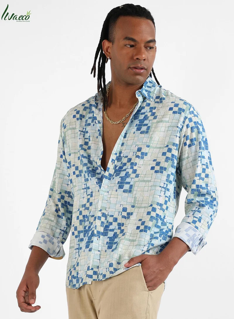 Campus Sutra Campus Sutra Men's Blue Geometric Lined Shirt For Casual Wear | Made With Eco-Liva Fabric | Spread Collar | Long Sleeve | Button Closure | Rayon Shirt Crafted With Comfort Fit For Everyday Wear