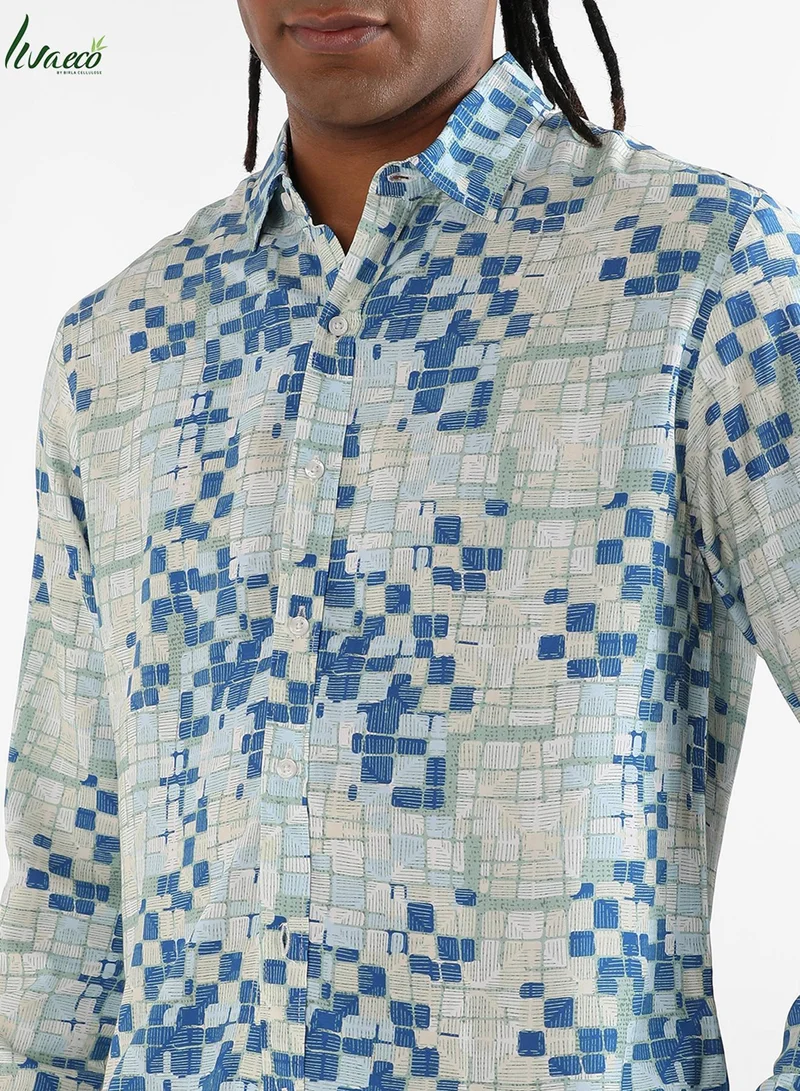Campus Sutra Campus Sutra Men's Blue Geometric Lined Shirt For Casual Wear | Made With Eco-Liva Fabric | Spread Collar | Long Sleeve | Button Closure | Rayon Shirt Crafted With Comfort Fit For Everyday Wear