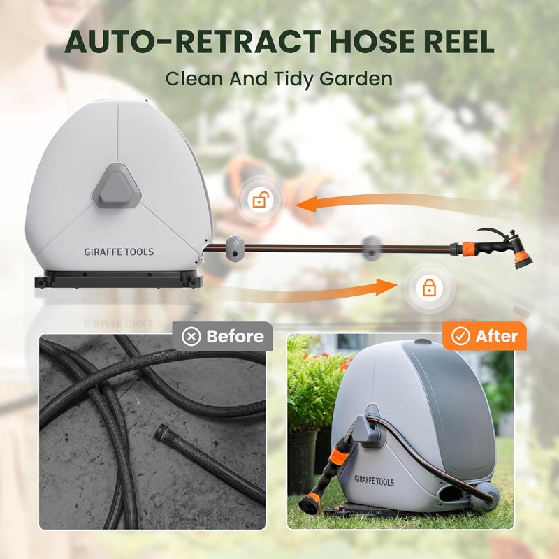 Giraffe Tools Ground Mounted Automatic Rewind Hose Reel 25M, Heavy Duty Retractable Garden Hose Reel, with 7-Function Sprayer Nozzle Flexible Swivel Base for Lawn & Concrete Floor - Image 4
