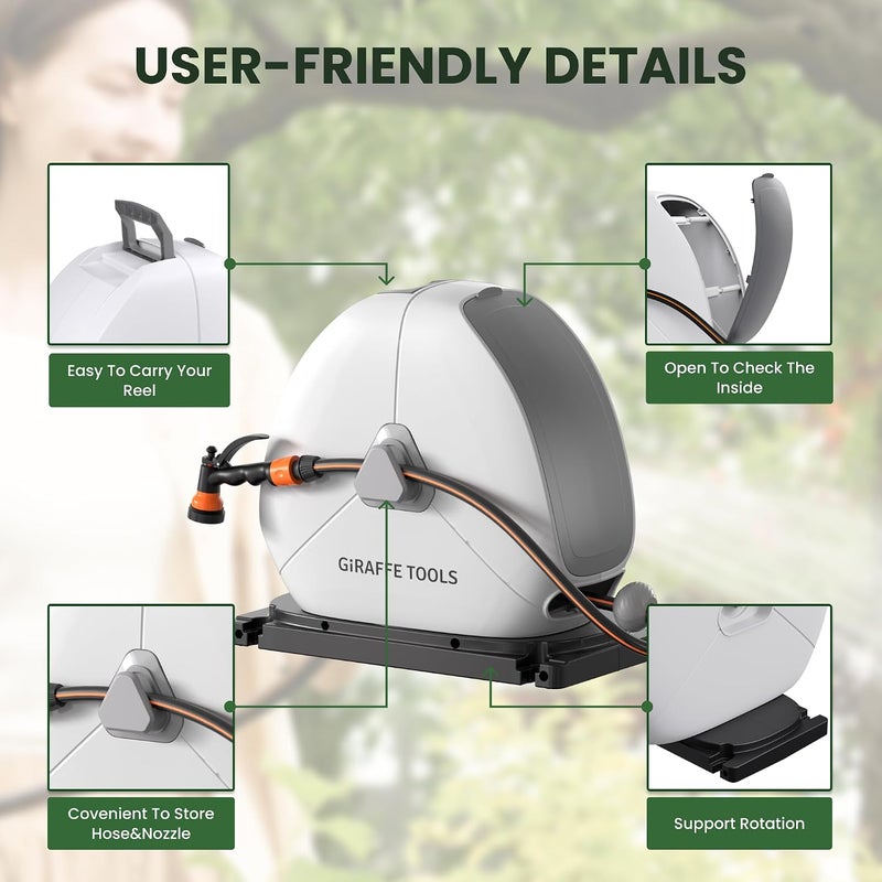 Giraffe Tools Ground Mounted Automatic Rewind Hose Reel 25M, Heavy Duty Retractable Garden Hose Reel, with 7-Function Sprayer Nozzle Flexible Swivel Base for Lawn & Concrete Floor - Image 2