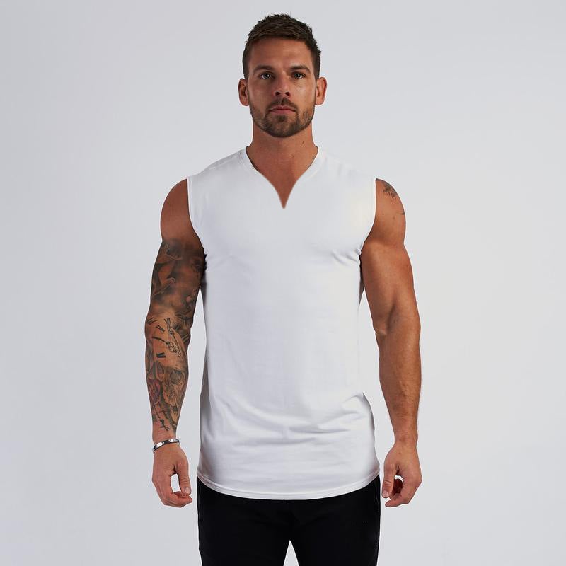 Mens Solid Color V-Neck Athletic Tank Summer Cotton Sleeveless Tee Black  - Image 3
