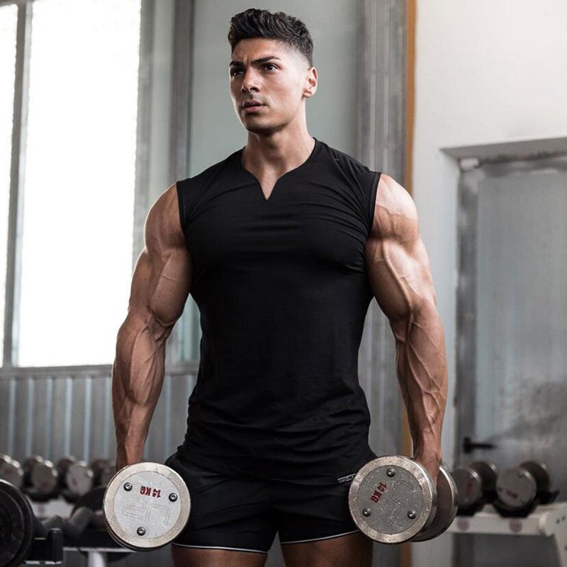 Mens Solid Color V-Neck Athletic Tank Summer Cotton Sleeveless Tee Black  - Image 4