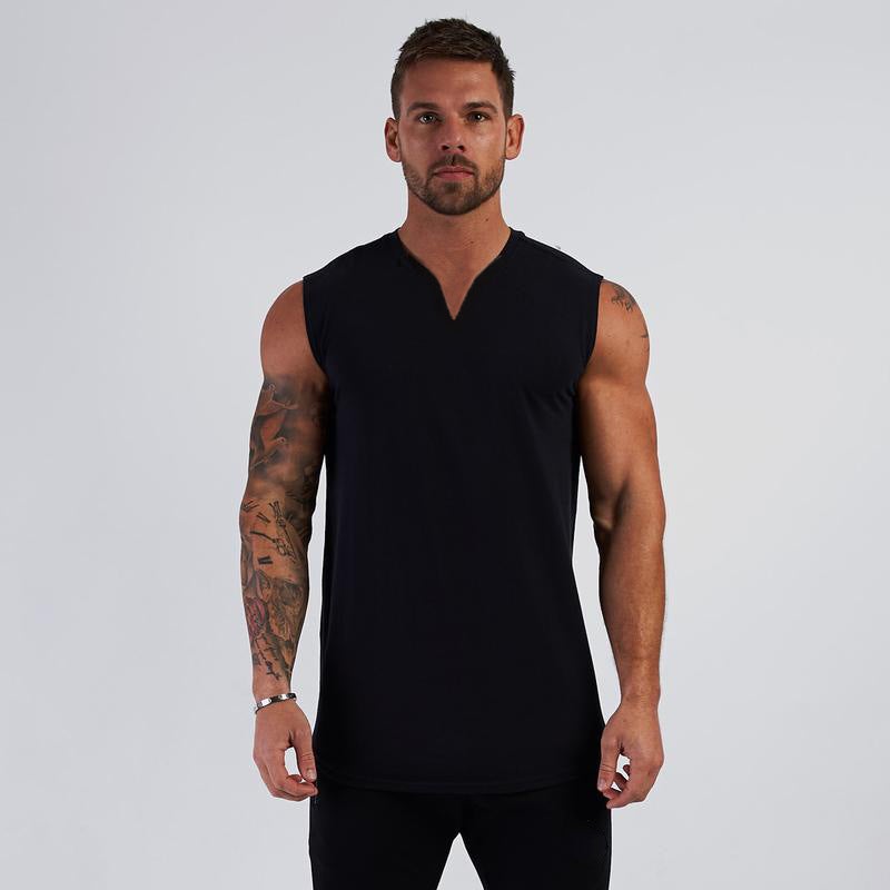 Mens Solid Color V-Neck Athletic Tank Summer Cotton Sleeveless Tee Black  - Image 1