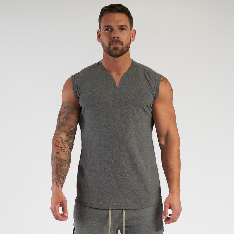 Mens Solid Color V-Neck Athletic Tank Summer Cotton Sleeveless Tee Black  - Image 2