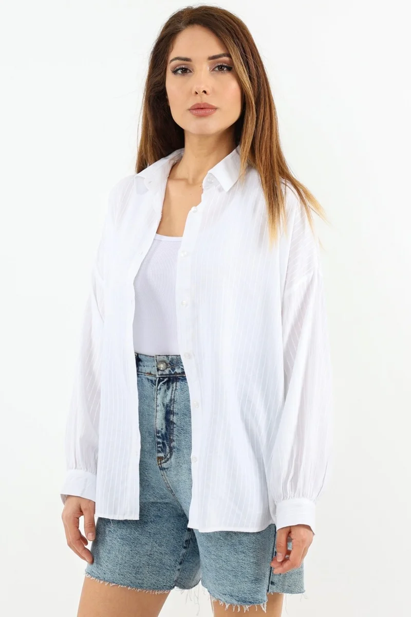 Ritnice Women's 100% Cotton Self-Striped White Wide Cut Long Shirt