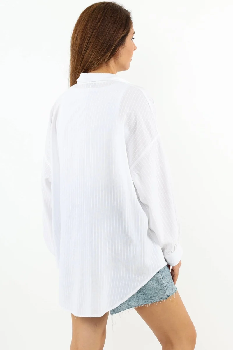 Ritnice Women's 100% Cotton Self-Striped White Wide Cut Long Shirt