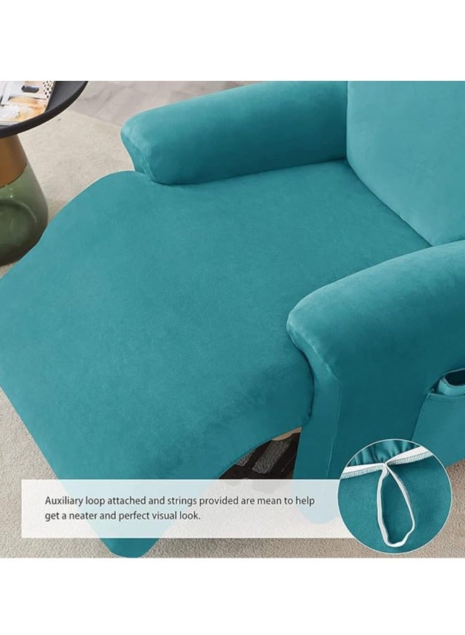 general 4-Piece Velvet Chaise longue Cover, Living Room Stretch Velvet Plush Lounge Chair Cover with Side Pockets, TV Chair Protector, Seat Width 58-89 cm (Turquoise Blue) - Image 3