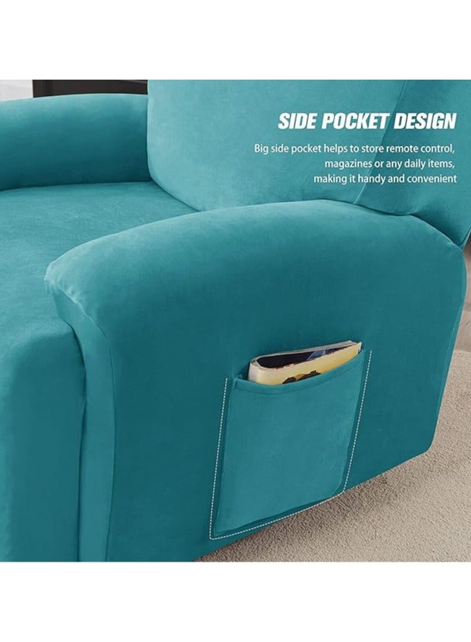 general 4-Piece Velvet Chaise longue Cover, Living Room Stretch Velvet Plush Lounge Chair Cover with Side Pockets, TV Chair Protector, Seat Width 58-89 cm (Turquoise Blue) - Image 4