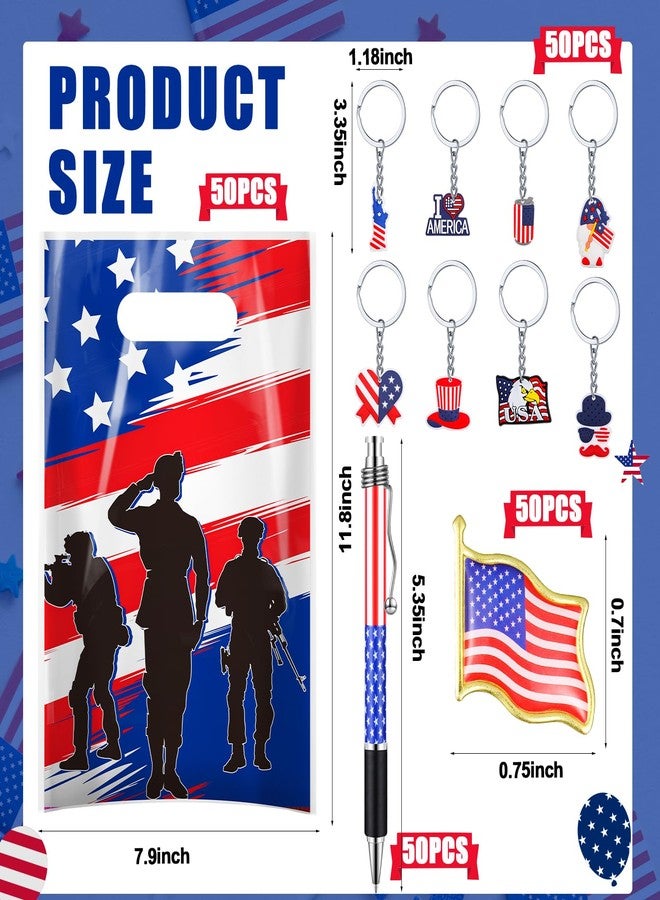 Bulyoou 200 Pcs / 50 Set Veterans Day Gift Bulk Accessories Include 50 American Flag Gift Bag 50 Patriotic Keychain 50 Red White Blue Pen 50 US Flag Brooches for Patriotic Party Supplies - Image 2