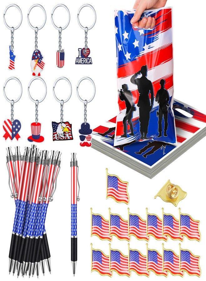 Bulyoou 200 Pcs / 50 Set Veterans Day Gift Bulk Accessories Include 50 American Flag Gift Bag 50 Patriotic Keychain 50 Red White Blue Pen 50 US Flag Brooches for Patriotic Party Supplies - Image 1