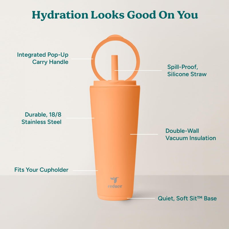 REDUCE Halo 32 oz Stainless Steel Vacuum Insulated Tumbler - Spill Proof Travel Mug with Flip Handle Lid - Keeps Drinks Cold for 32 Hrs - Dishwasher Safe - Cupholder Friendly - Papaya - Image 4